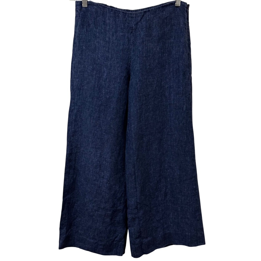 Theory Terena B Indigo Blue 100% Linen Wide Leg Cropped Pants Size 6 Made in USA - Picture 1 of 8
